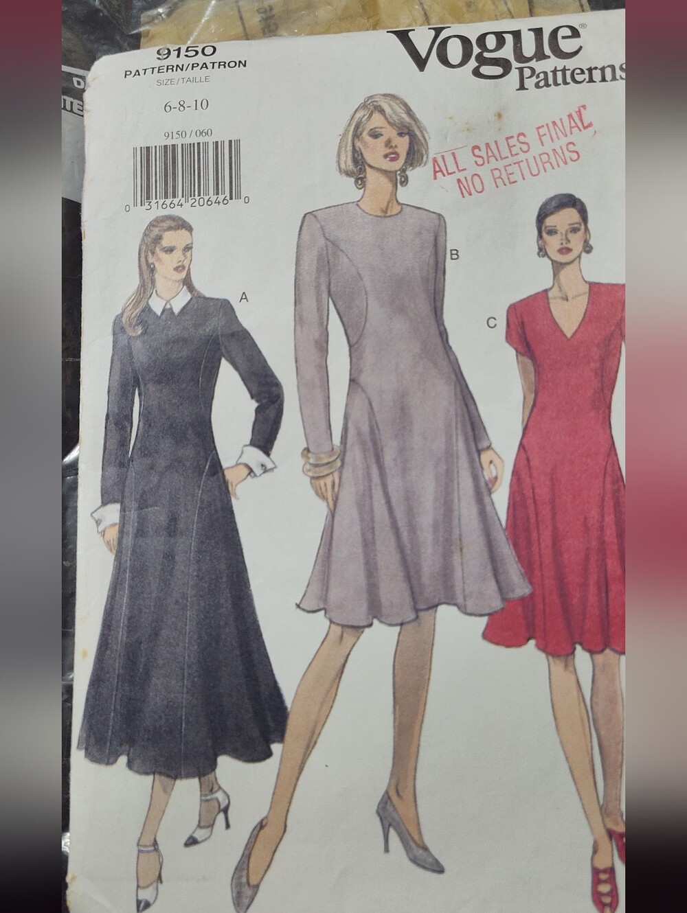 Vogue Sewing Pattern 9150 Long-Sleeve A-Line Dress  6-8-10